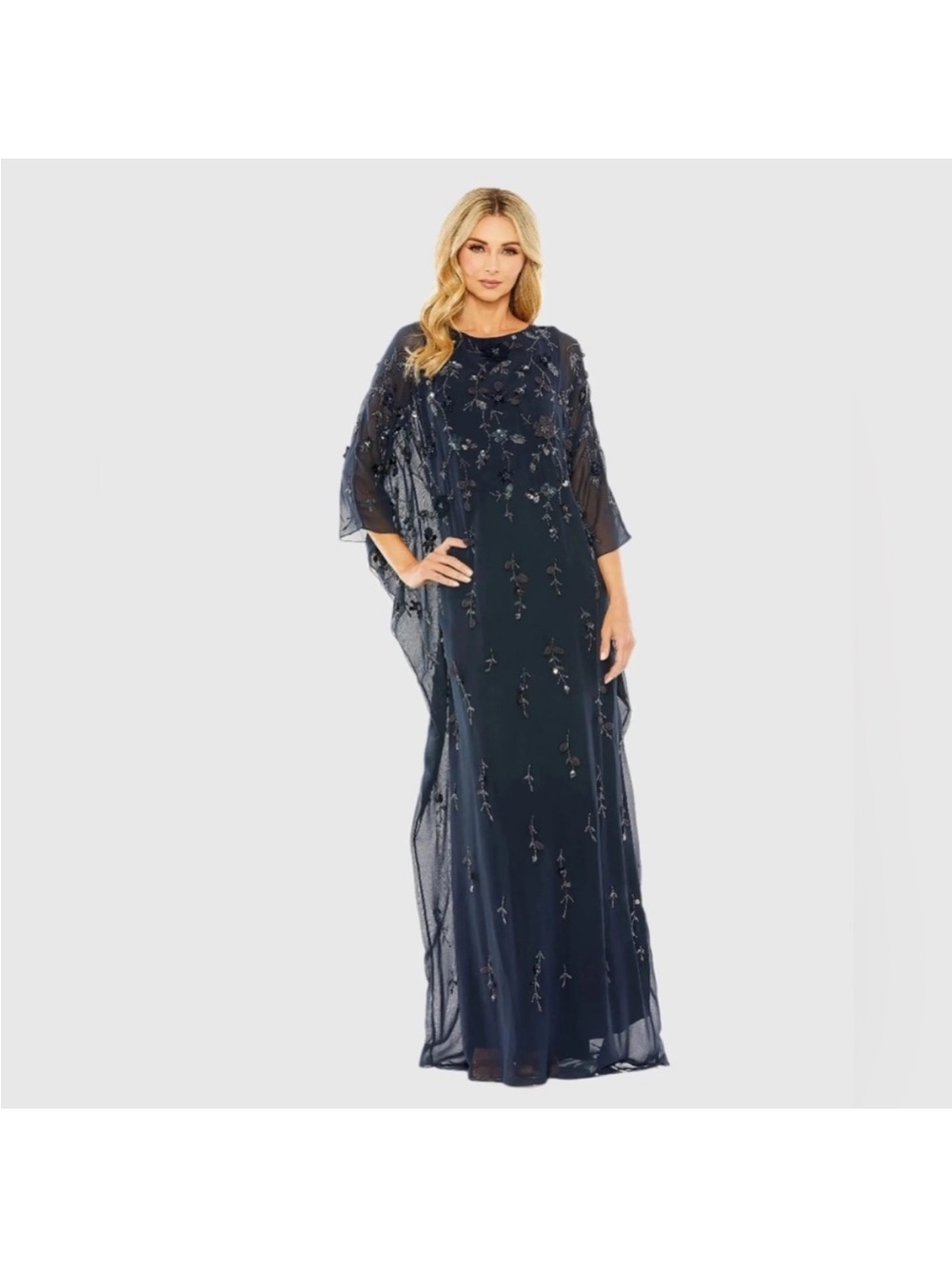 Mac Duggal 9242 Navy Floral Embellished Kaftan Gown Blue Sz 16